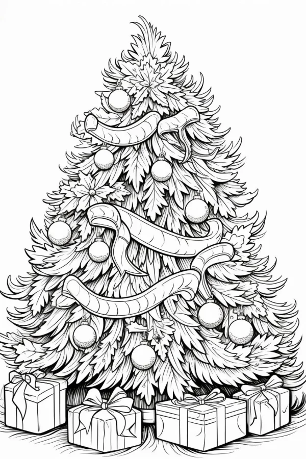 Decorated christmas tree with gift boxes and bows, line art style — free printable gift coloring book page