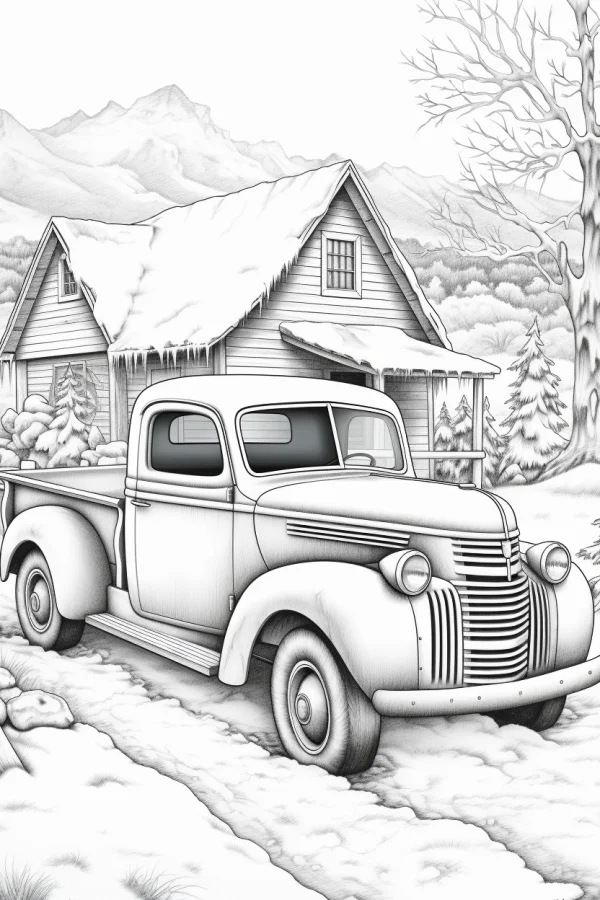 Vintage american pickup truck in winter rural scene, realistic sketch style — free printable vintage vehicles coloring book page