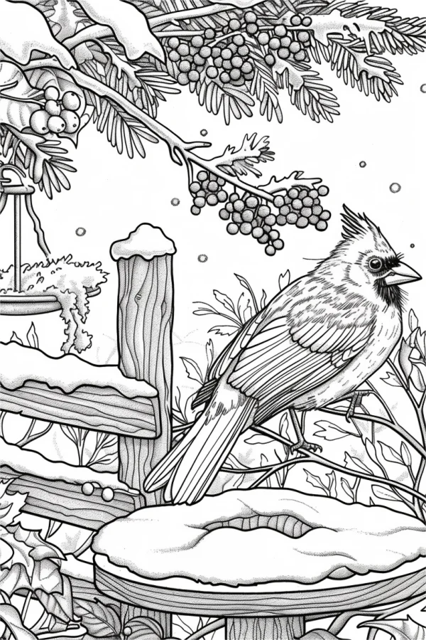 Northern cardinal bird perched on branch in snowy winter scene, realistic line art — free printable birds coloring book page