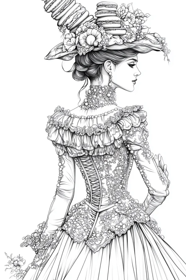 Vintage court lady in long dress with hat decorated with macarons and flowers, rococo and vintage european court style — free printable court coloring book page