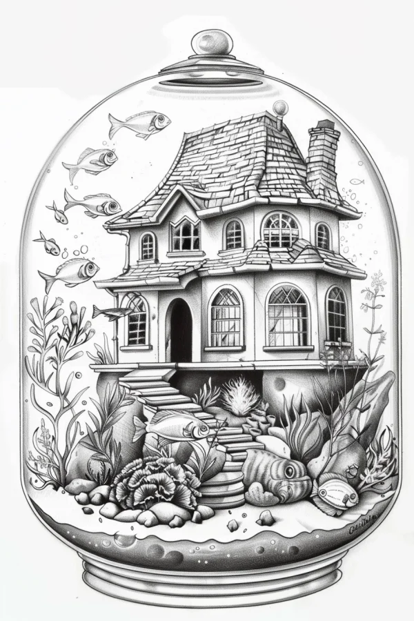 Underwater fairy house enclosed in glass dome, fantasy cartoon illustration style — free printable houses coloring book page