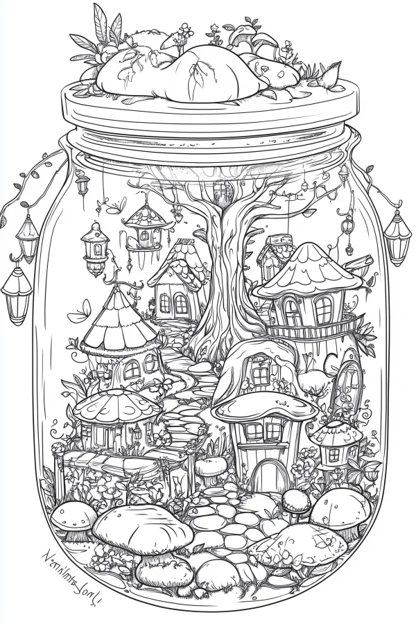 Fairy tale village inside a glass jar, whimsical fairy tale style — free printable miniature scenes coloring book page
