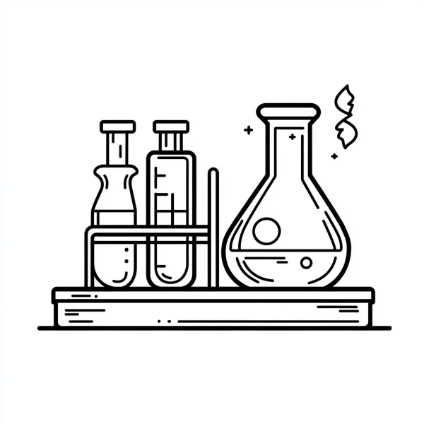 Laboratory equipment with flask and test tubes, cartoon style — free printable science experiments coloring book page