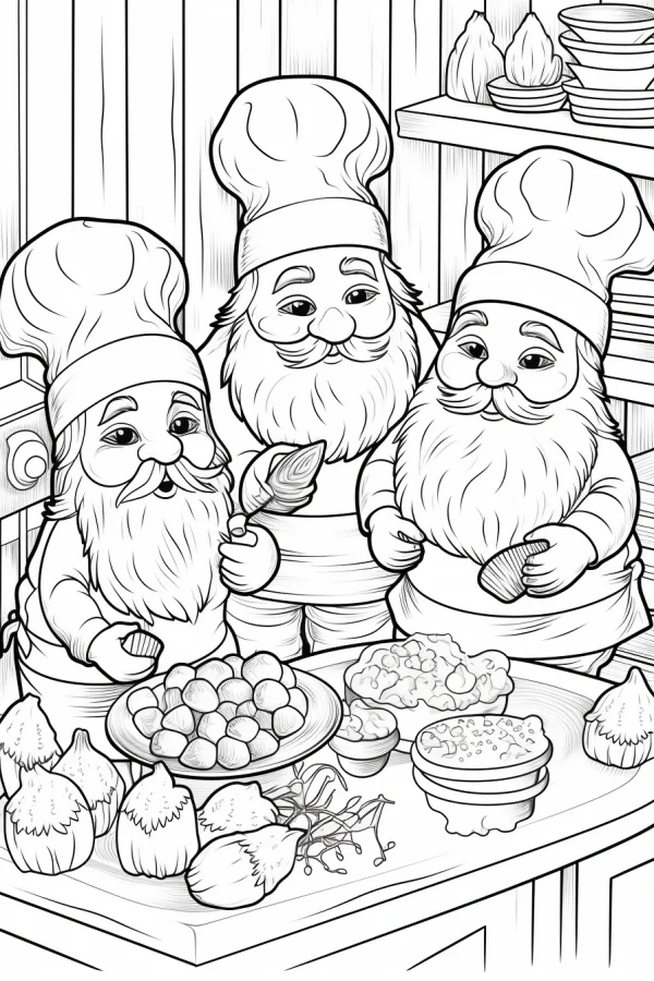 Three gnome chefs preparing meals in kitchen, cartoon fairy tale style — free printable kitchen coloring book page