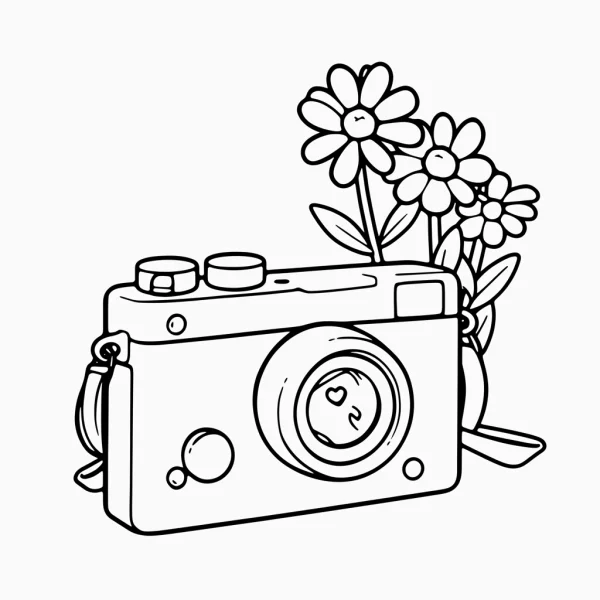 Vintage camera with daisies, cartoon style — free printable photography coloring book page