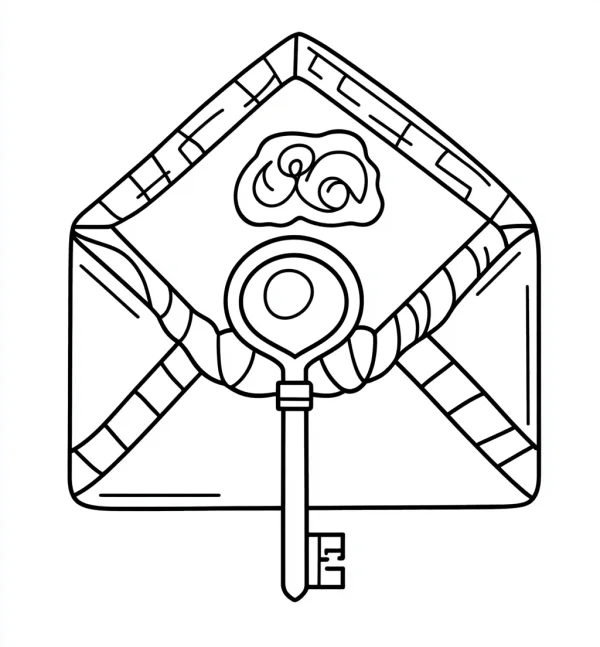 Envelope with a vintage key, cartoon style — free printable items coloring book page