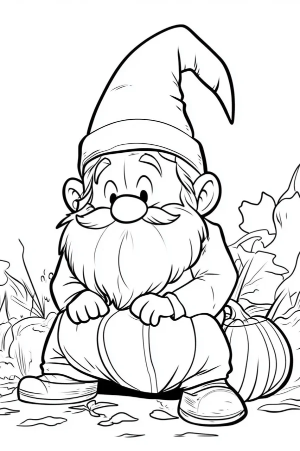Cute gnome sitting on a pumpkin, cartoon style — free printable harvest coloring book page
