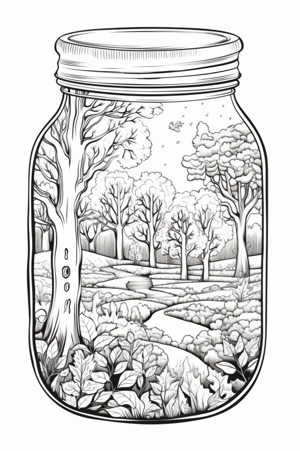 Forest scene inside a mason jar, detailed natural landscape with trees — free printable miniature landscape coloring book page