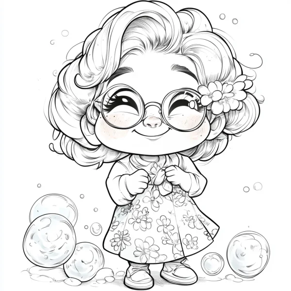 Cute cartoon little girl with round glasses, curly hair and flower hair accessory — free printable childlike coloring book page