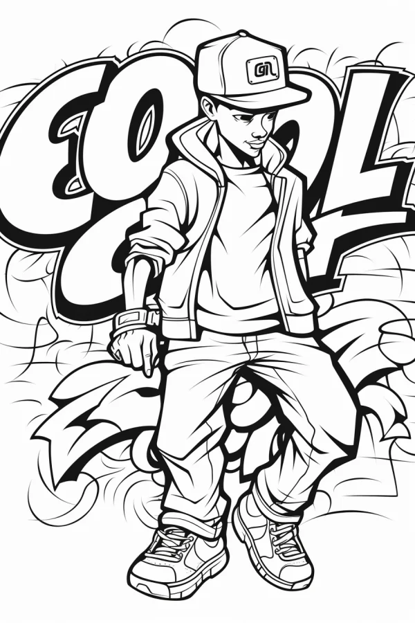 Hip-hop street dance boy wearing baseball cap and sneakers, cartoon graffiti style — free printable dance coloring book page