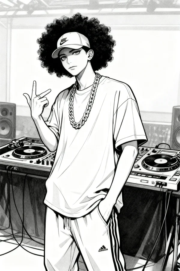 Hip-hop dj boy with afro hairstyle, nike cap and gold chain — free printable hip hop coloring book page
