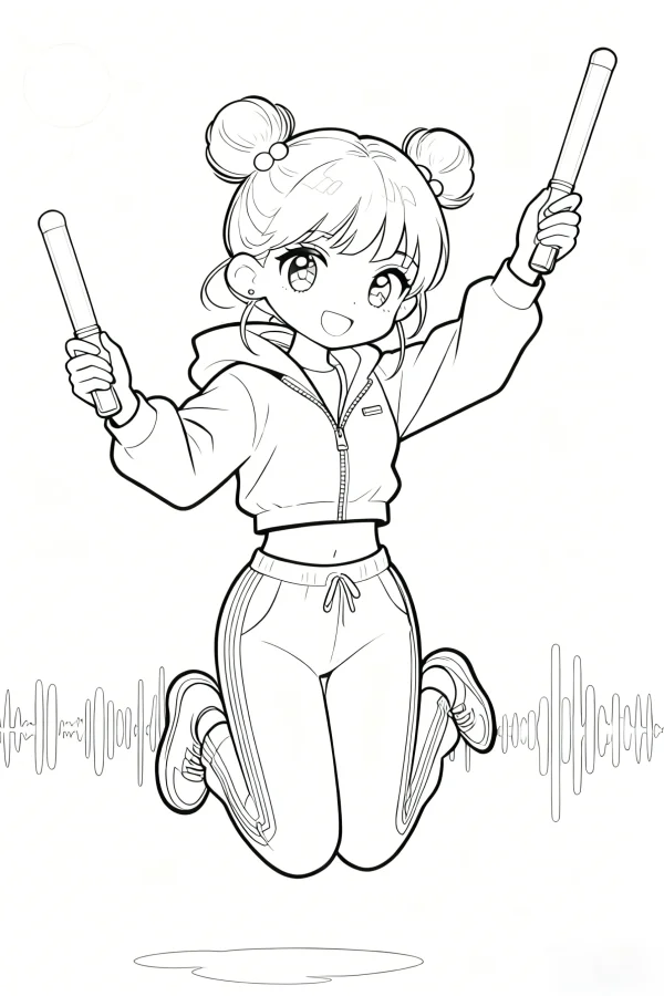Energetic double bun girl holding glow sticks, cartoon style — free printable dance coloring book page