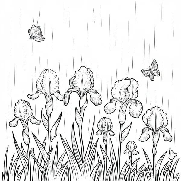 Irises with butterflies in rain, sketch style — free printable rainy season coloring book page