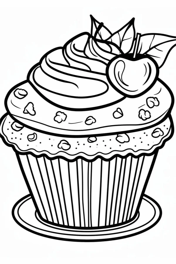 Decorated cupcake with cream frosting, cherry and green leaves — free printable desserts coloring book page