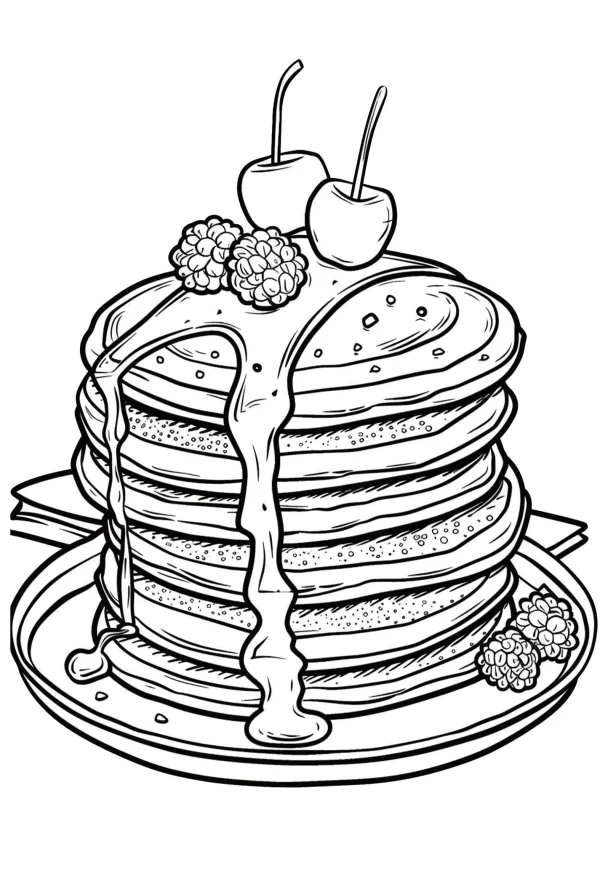 Stacked pancakes with dripping syrup, topped with cherries and raspberries — free printable desserts coloring book page