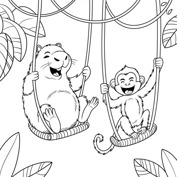 Cartoon capibara and monkey swinging on vine swings, jungle forest with leaves and vines — free printable play coloring book page