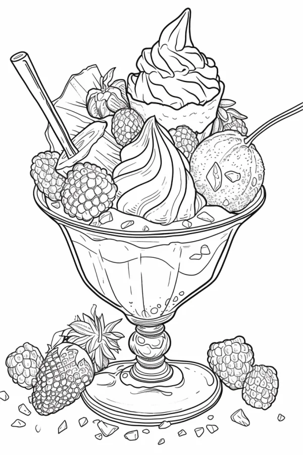 Fruit ice cream sundae in a vintage glass cup, illustration sketch style — free printable desserts coloring book page
