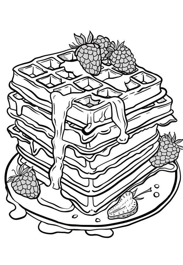 Stacked waffles with raspberries and sliced strawberry, dripping syrup on a plate — free printable desserts coloring book page