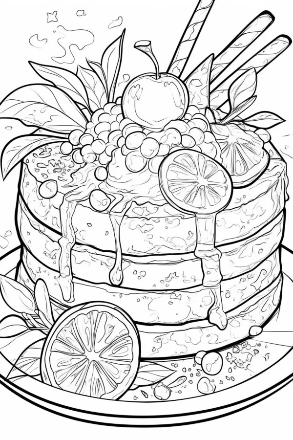 Stacked pancakes with drizzle sauce, decorated with cherry — free printable desserts coloring book page