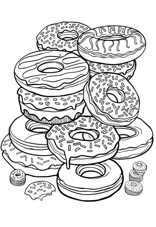 Stacked assorted donuts with frosting and sprinkles, cartoon style — free printable desserts coloring book page
