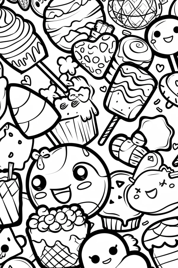 Cute anthropomorphic cartoon foods including ice cream, lollipops — free printable childlike coloring book page