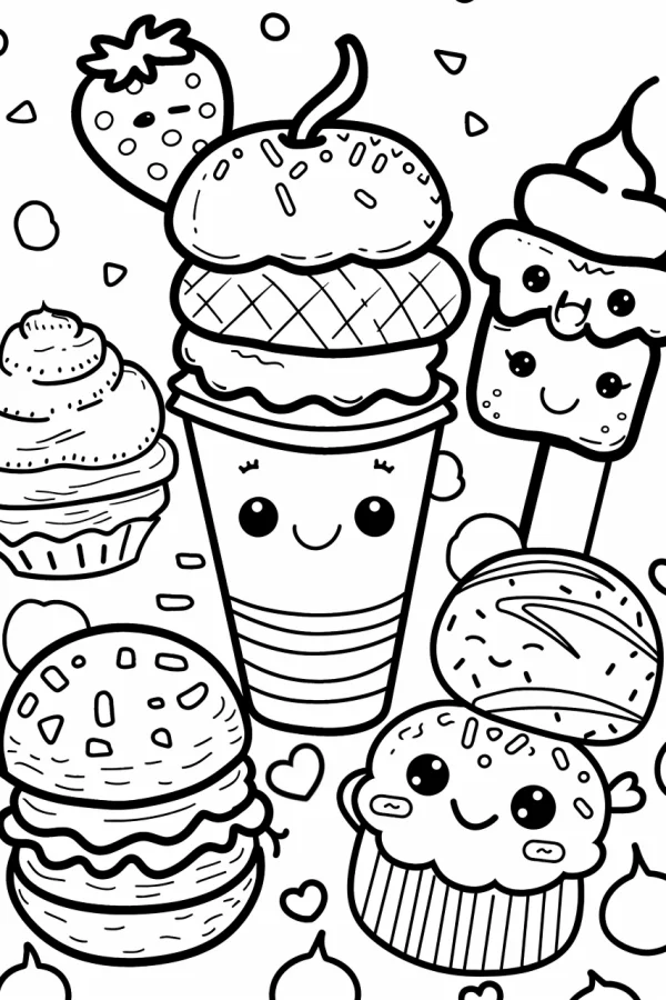 Cute anthropomorphic food collection including ice cream, cupcake — free printable innocence coloring book page