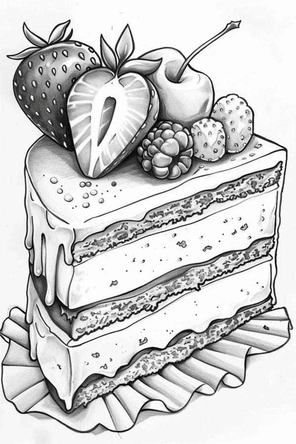 Layered cake decorated with whole strawberry, sliced strawberry — free printable desserts coloring book page