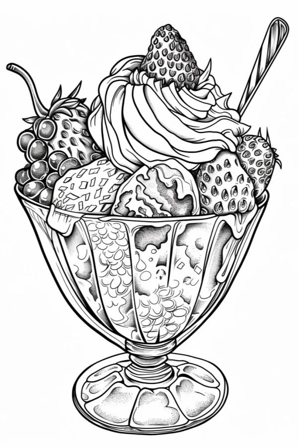 Ice cream sundae with strawberries and blueberries, realistic sketch line art style — free printable desserts coloring book page