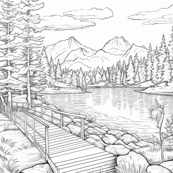 Lakeside forest mountain landscape with wooden bridge, realistic line art style — free printable lakes coloring book page