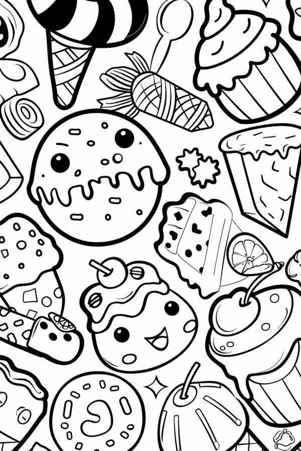 Cute anthropomorphic desserts, cartoon style — free printable innocence coloring book page