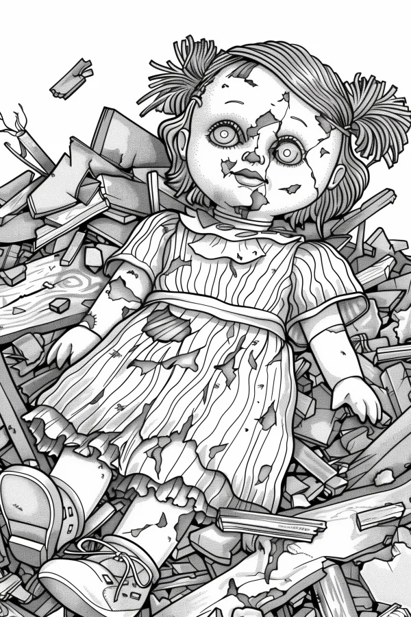 Broken horror doll with pigtails, dark horror style — free printable dolls coloring book page