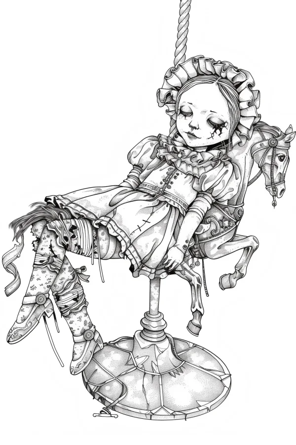 Broken carousel doll in gothic style, dark creepy design — free printable dolls coloring book page