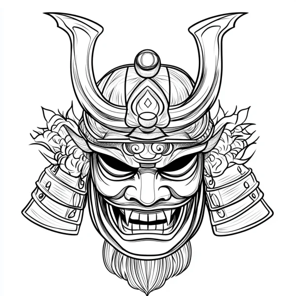 Japanese samurai helmet with fierce demon mask, traditional japanese style — free printable samurai coloring book page