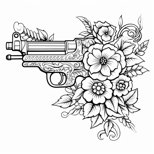 Uzi submachine gun wrapped in blooming flowers and leaves, decorative art style — free printable weapons coloring book page
