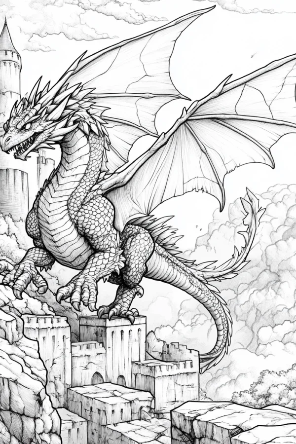 Giant dragon perched on castle ruins, fantasy style — free printable dragon coloring book page