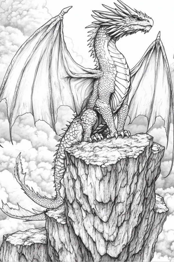 Giant western dragon perched on cliff top, realistic sketch style — free printable dragon coloring book page
