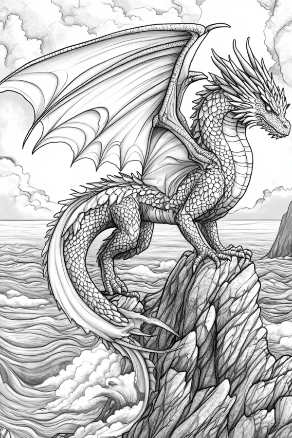 Giant dragon standing on seaside rocky cliff, fantasy sketch style — free printable dragon coloring book page