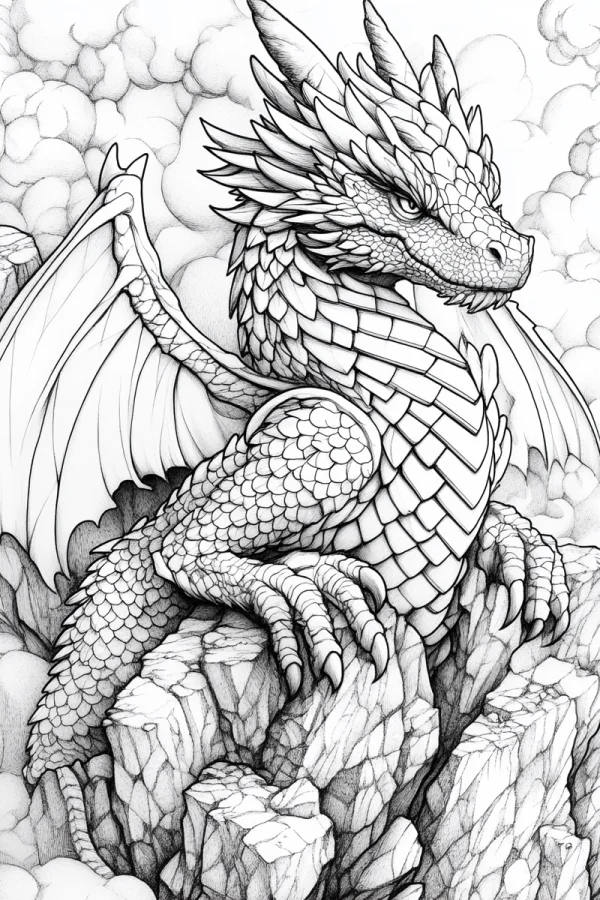 Giant dragon perched on rocky cliffs, fantasy style — free printable dragon coloring book page