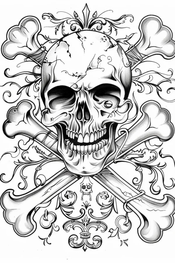 Gothic style skull with crossbones, intricate decorative scrollwork — free printable goth culture coloring book page