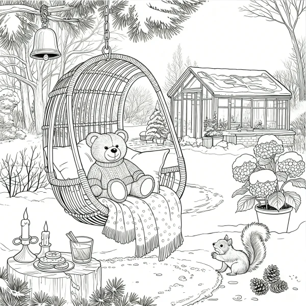 Teddy bear sitting in hanging wicker swing chair, winter snowy garden scene with cute squirrel — free printable cozy daily life coloring book page