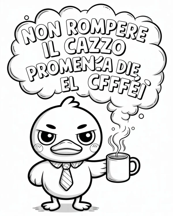 Angry anthropomorphic office duck holding a steaming coffee mug, wearing shirt and striped tie — free printable humor coloring book page
