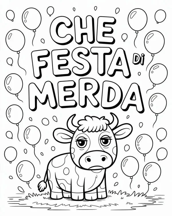 Grumpy cartoon cow, surrounded by floating balloons and bold italian text 'che festa di merda' — free printable quirky coloring book page