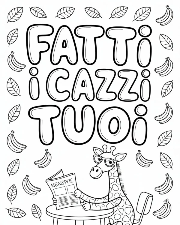 Cartoon giraffe wearing glasses reading newspaper at a table, surrounded by banana and leaf decorative patterns — free printable humor coloring book page
