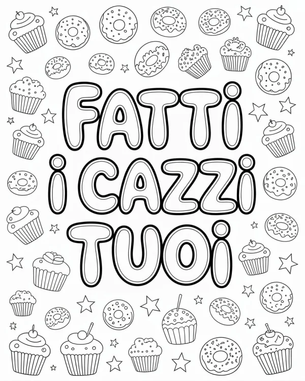 Bold decorative italian slang text 'fatti i cazzi tuoi' surrounded by cupcakes and donuts, cartoon style — free printable humor coloring book page