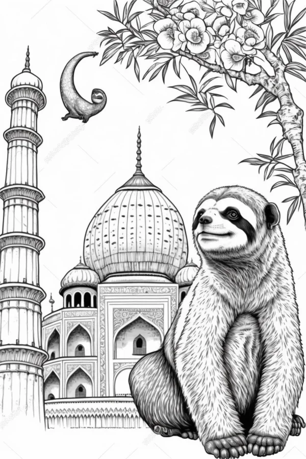 Sloth in front of taj mahal, realistic line art style — free printable india coloring book page