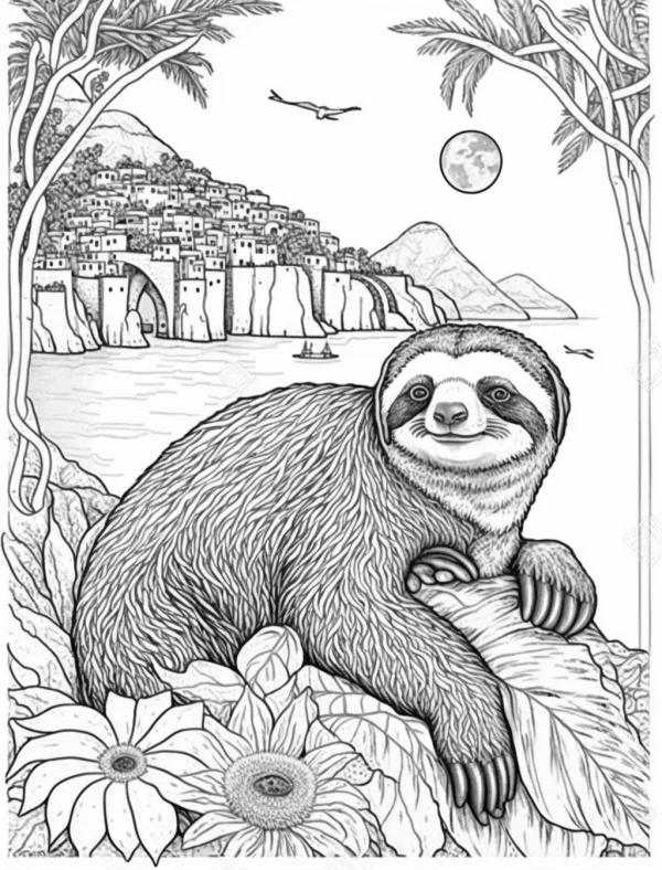 Smiling sloth, realistic line art — free printable beach town coloring book page