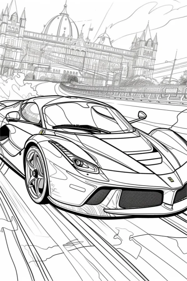Sports car in front of european retro building, realistic illustration style — free printable sports car coloring book page