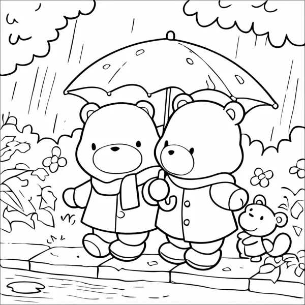 Two cute bears holding an umbrella, accompanied by a little squirrel — free printable daily commute coloring book page