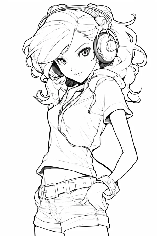 Anime girl wearing headphones, anime cartoon style — free printable anime characters coloring book page