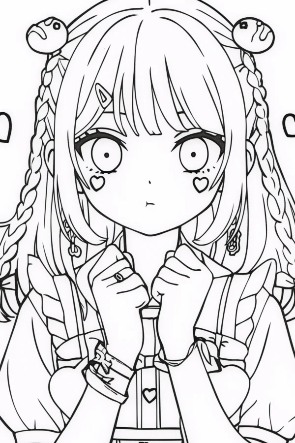 Cute braided girl with frog hair accessories, japanese cartoon style — free printable cute style coloring book page